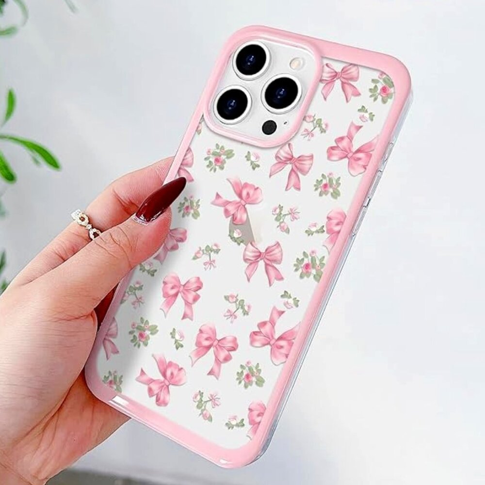 Iphone 16 15 14 Clear Pink Bow Phone Case  Cute Ribbon Phonecase